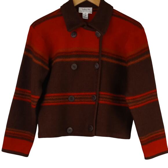 Talbots Petites SZ PS 100% Wool Brown Red Color Blocked Cropped Button Up Blazer - Picture 2 of 5
